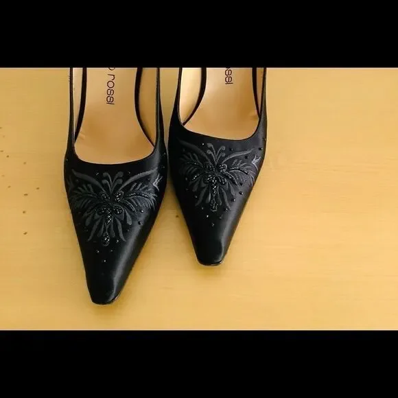 VINTAGE SERGIO ROSSI HEELS SATIN BLACK 8 New - Picture 2 of 6